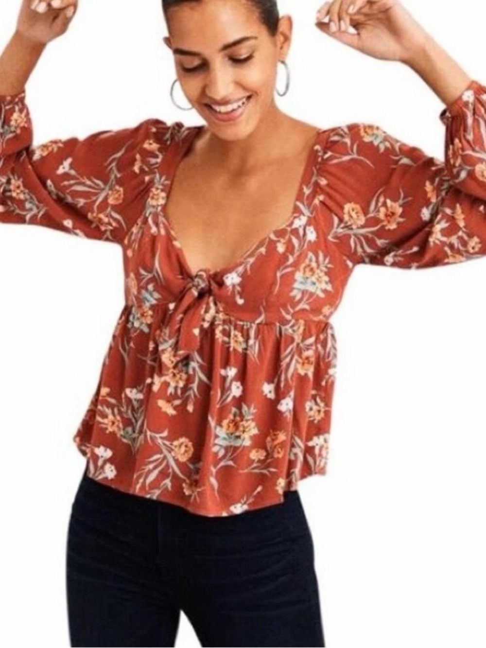 American Eagle Outfitters Rust Floral Tie-Front Blouse